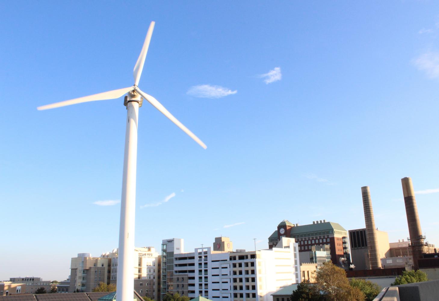 Case Western Reserve University's famous wind turbine helps power the Veale Center. The turbine was one of the first steps of many toward a more sustainable campus.