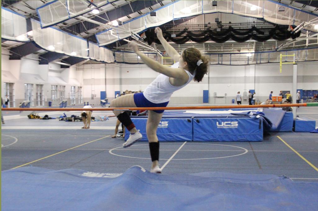 Sophomore+Sophia+Herzog+performs+the+high+jump.+Herzog+tied+for+the+top+height+in+the+pole+vault+of+10.5+feet+but+finished+second+on+attempts.
