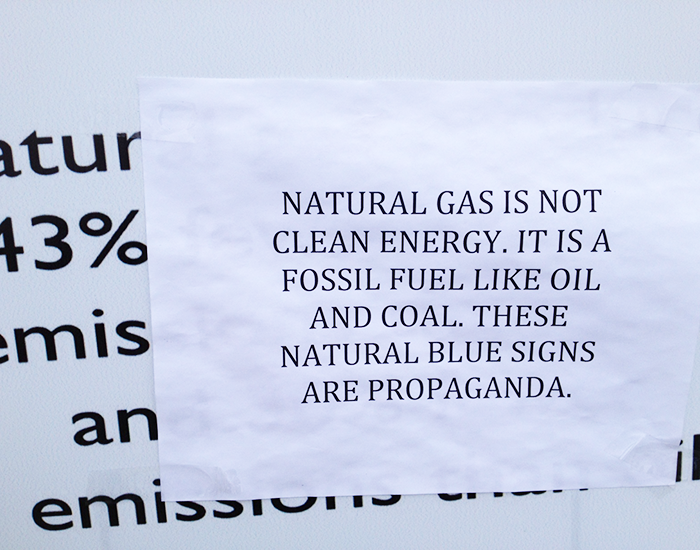 Some students did not take to kindly to Marketing 304’s advertising campaign for American’s Natural Gas Alliance (AGNA). Many signs, like the one pictured above, posted by the class were covered over by those protesting AGNA’s message that natural gas is a clean energy source. 