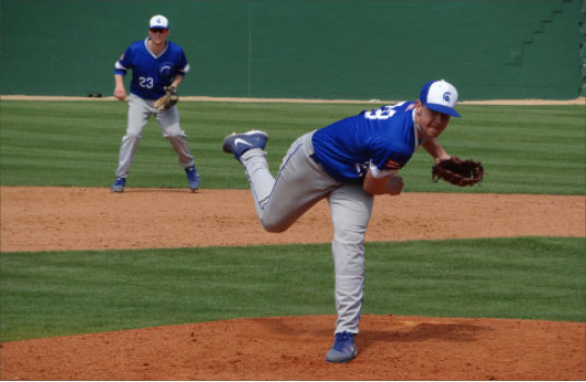 Spartan pitcher Rob Winemiller fires home during UAA Championship Tournament in Florida