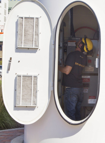 Students from CWRU and Lorain County Community College were given the opportunity to climb the wind turbine outside the Veale Center on Friday, Sept. 19.