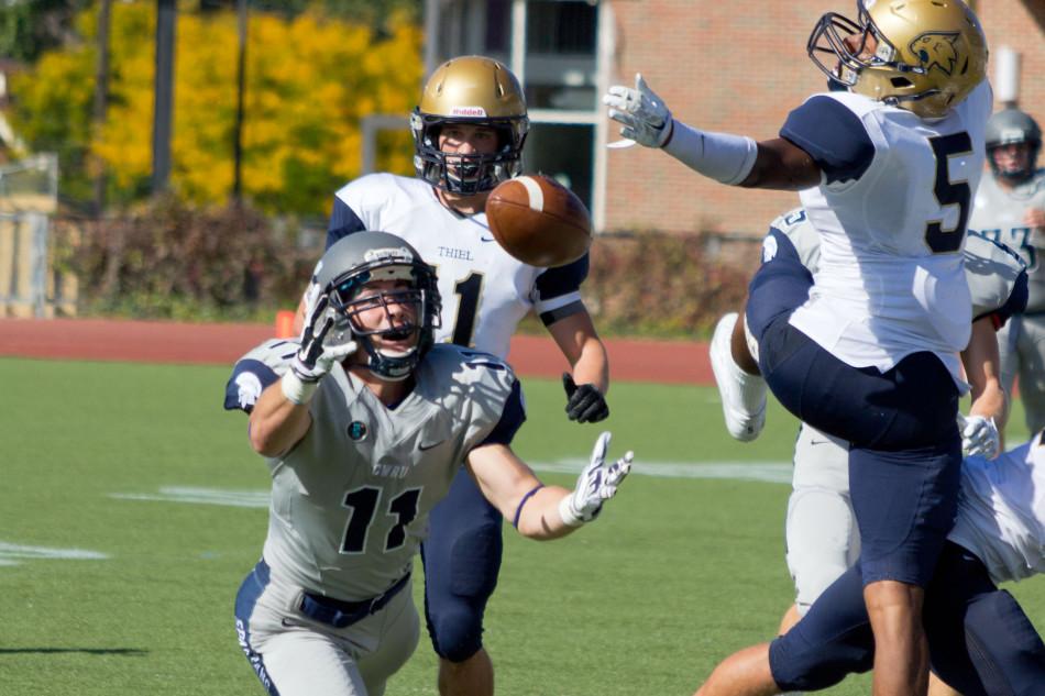 Junior wide receiver Dan Cronin catches a big pass back in the Spartan’s win over Thiel on Sept. 27th at home.