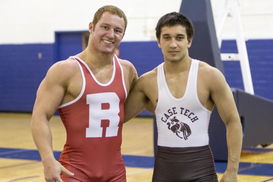 Nick Lees represented the Western Reserve Red Cats and Connor Medlang represented the Case Institute of Technology Rough Riders for the wrestling team’s intrasquad throwback scrimmage.