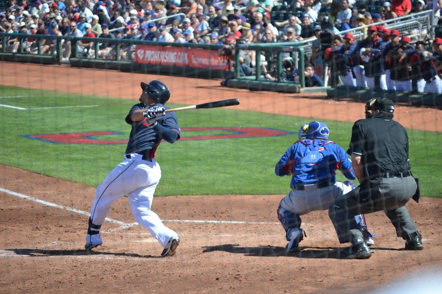  Indians minor league prospect Giovanny Urshela connects with a solid pitch in a spring training game against the Chicago Cubs. 