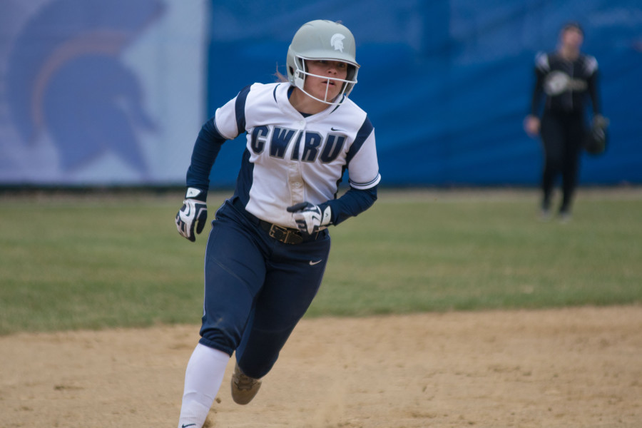 A Spartan baserunner rounds second and heads to third. The Spartans’ aggressive approach on the bases has helped them win seven straight games.