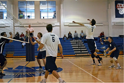 Men’s Volleyball players compete earlier this season. 