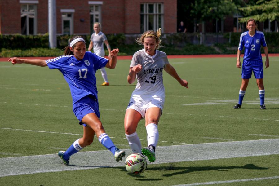 CWRU defender Elle Zadina fights for possession against a Thomas More forward. The Spartans battled the  #8 Saints to a scoreless draw this weekend. 