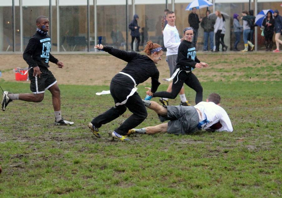 The rain and mud made for a slippery flag football game.