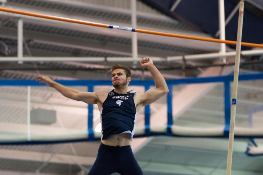 Spartan jumper Jared Brucker celebrates after making his jump. The Spartans return to action this weekend. 