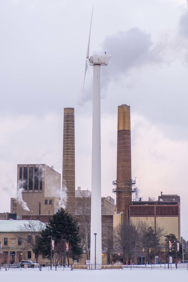 The wind turbine near the Veale Center is used for research on campus.