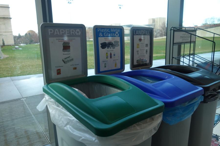Recycling and garbage cans at the Tinkham Veale University Center. Decisions made concerning the enviroment can be made in more places and more often than generally thought.