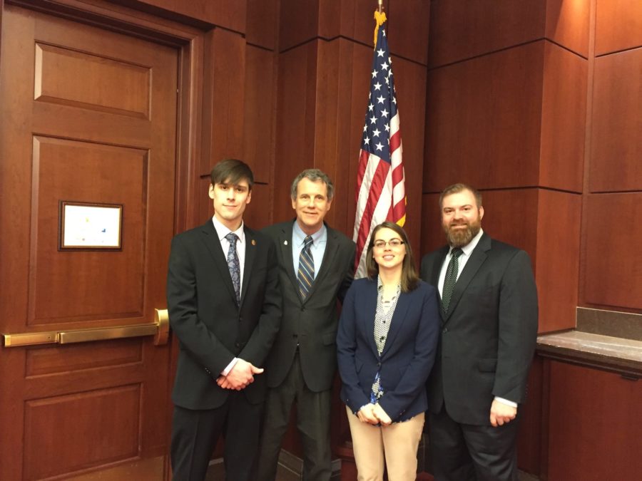 Jack Turner, the Vice-Chair of the Northeast Ohio Group of the Sierra Club Chapter of Ohio, meeting with Senator Sherrod Brown. From left to right, Jack Turner, Sherrod Brown, Samantha Allen, a staff member of Senator Brown and Dan Sawmiller, a senior campaign representative of the Sierra Club.