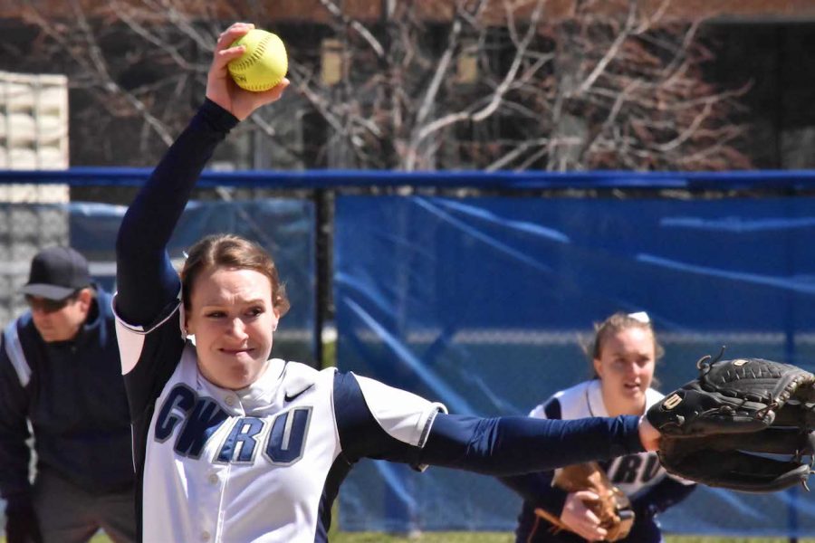 Pitcher Annie Wennerberg focuses on throwing quality strikes against New York University. 