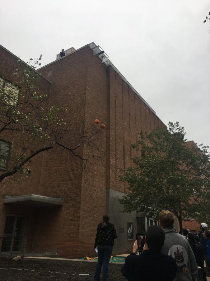 The annual pumpkin drop was held outside Strosacker Auditorium.