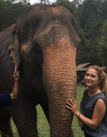 Madison Piccirillo, a rower with the crew team, stands next to an elephant.