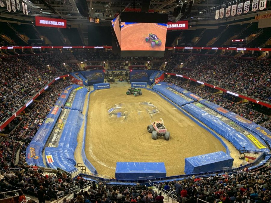 Monster trucks, louder than expected, drive at the Quicken Loans Arena as part of Monster Jam.