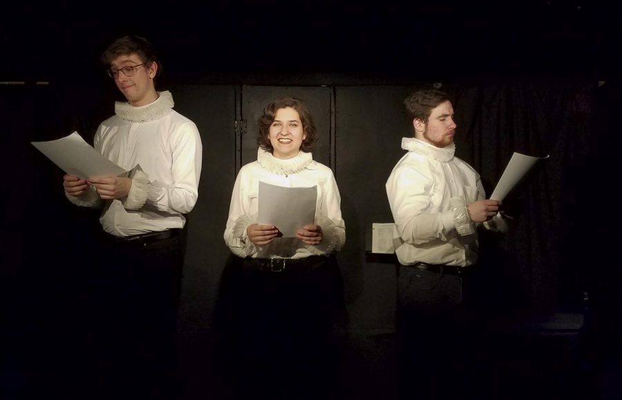 From left to right, second-year students Nathan Waniorek and Ashlen Trapalis and fourth-year student Alex Gordon recite lines from Shakespeares comedies. Upper: During a scene in the production, a ghost visits two characters, portrayed by second-year student Ashlen Trapalis and fourth-year student Alex Gordon.