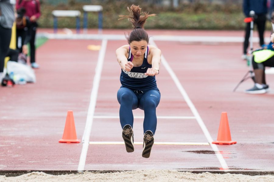 Jumper Samantha Kelts competes at DiSanto Field this past weekend. Kelts finished first in the long jump. 