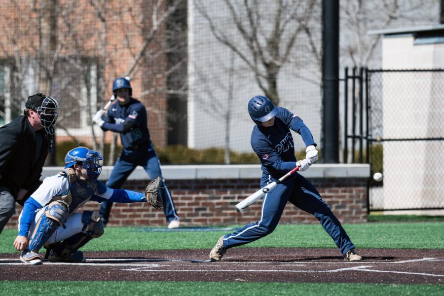 Jake Ryan swings at a pitch. Ryan was named a UAA Hitter of the Week after finishing the week batting .556 with five runs scored, one double, three home runs and five RBIs.