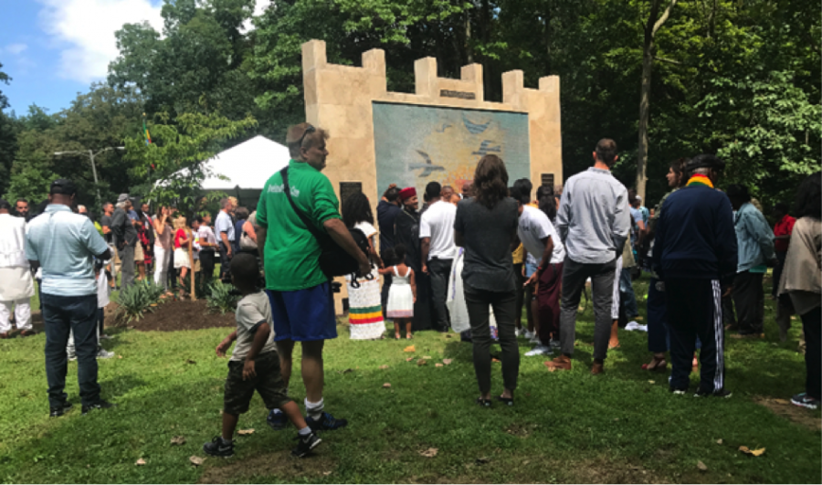 A five-panel mosaic and ceramic mural depicting Ethiopian history was reveled along with the Cultural Garden.