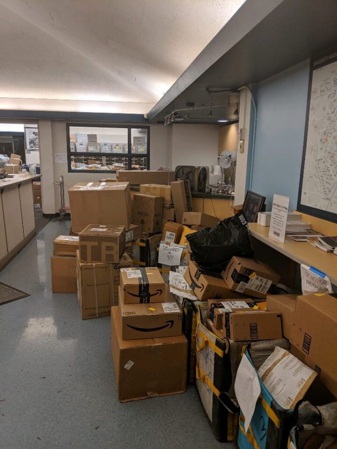 The area office in Wade Commons is overfilled with packages, causing problems for many students.
