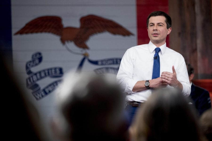 Democratic presidential candidate former South Bend, Ind., Mayor Peter Buttigieg specks at a Town hall. 
