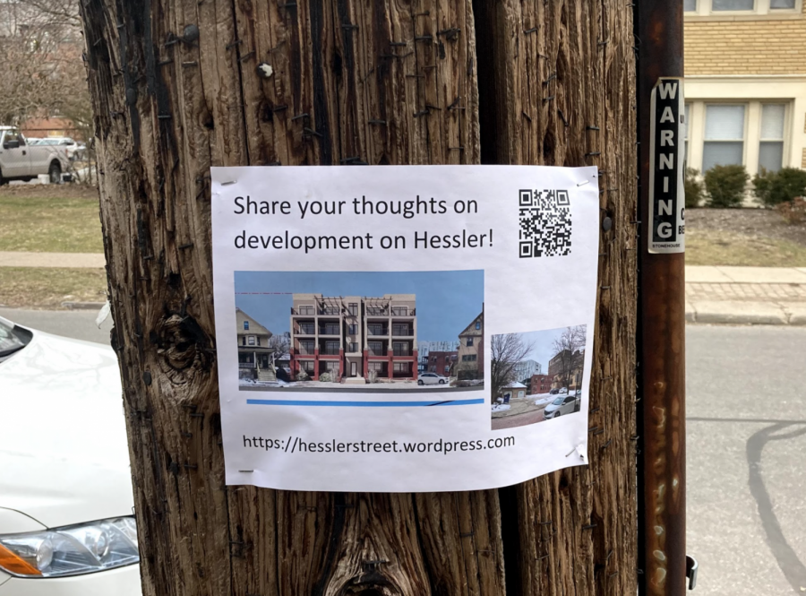 A notice posted on a telephone pole near Hessler Road encourages the community to share their input on the new apartment plan that could further gentrify University Circle.  