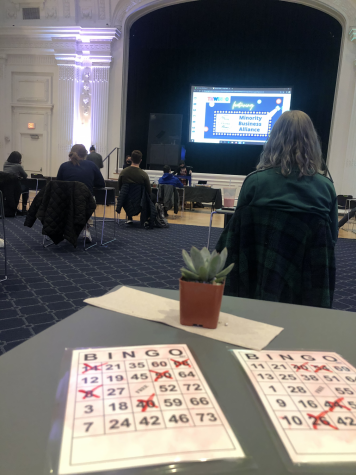 Students turn Thwing Ballroom into a senior citizens center with a night of bingo fun.