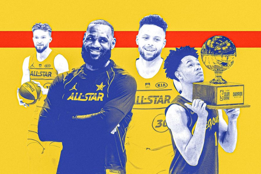 Domantas Sabonis (left) won the skills challenege, Team Lebron, led by captain Lebron James (center left) won the All-Star game, Stephen Curry (center right) dominated the three point contest, and Anfernee Simons (right) took home the slam dunk contest prize.