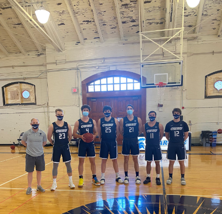 Assistant Coach Mike Fitzpatrick (far left) led the Blue Team, which included Ignas Masiulionis, Hunter Drenth, Max Day, Ryan Newton, Connor Ryan and Jeremy Callahan (left to right).