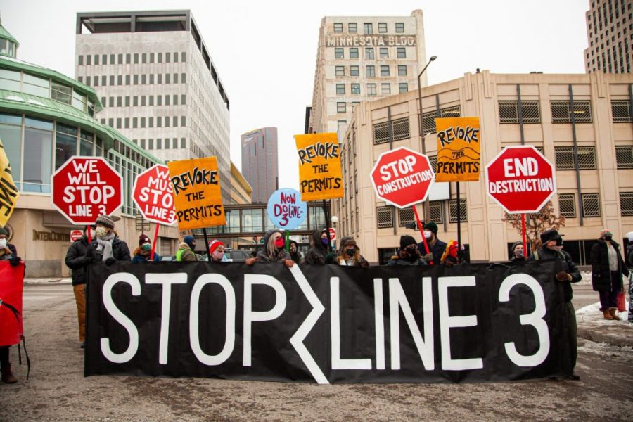 Protesters campaigning to stop Line 3, a tar pipeline currently under construction in northern Minnesota threatening over 200 bodies of water, as well as Native American territory.
