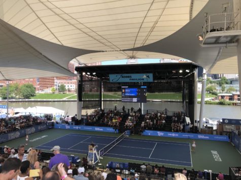 Irina-Camellia Begu and Anett Kontaveit play the in their second set of the singles finals at Jacobs Pavilion, overlooking the Cuyahoga River.