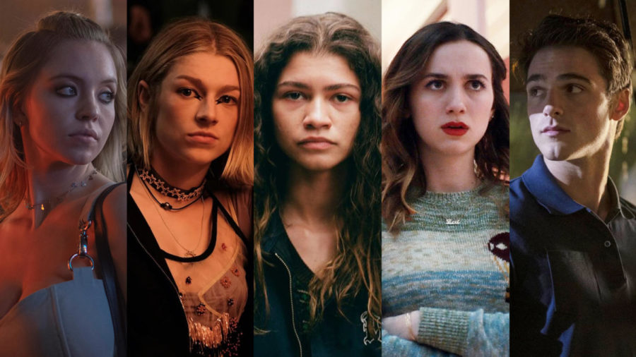 Sydney+Sweeney%2C+Hunter+Schafer%2C+Zendaya%2C+Maude+Apatow+and++Jacob+Elordi+%28left+to+right%29+star+in+Season+Two+of+the+HBO+hit+TV+show%2C+Euphoria.