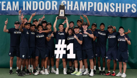 The mens tennis team raises the ITA championship trophy after defeating the University of Chicago 5-1.