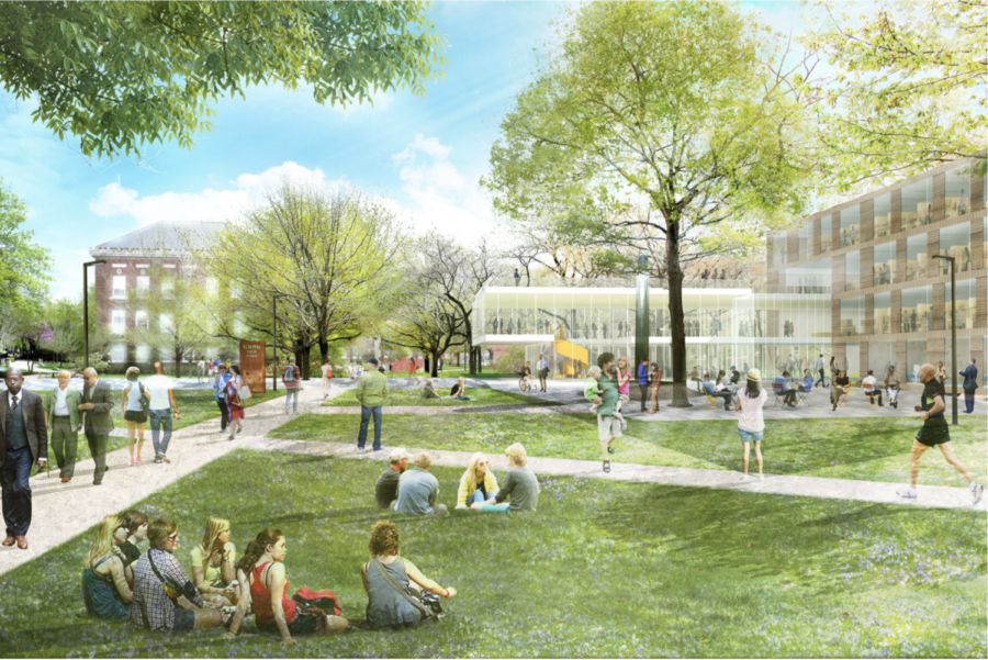 CWRU’s 2018 Campus Master Plan shows a view of the Case Quad and the university’s proposed new research center (center right) replacing Yost Hall.