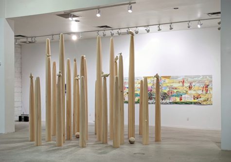 Never Ending Monument by Andrea Carlson stands on display at one of FRONT Internationals exhibits.