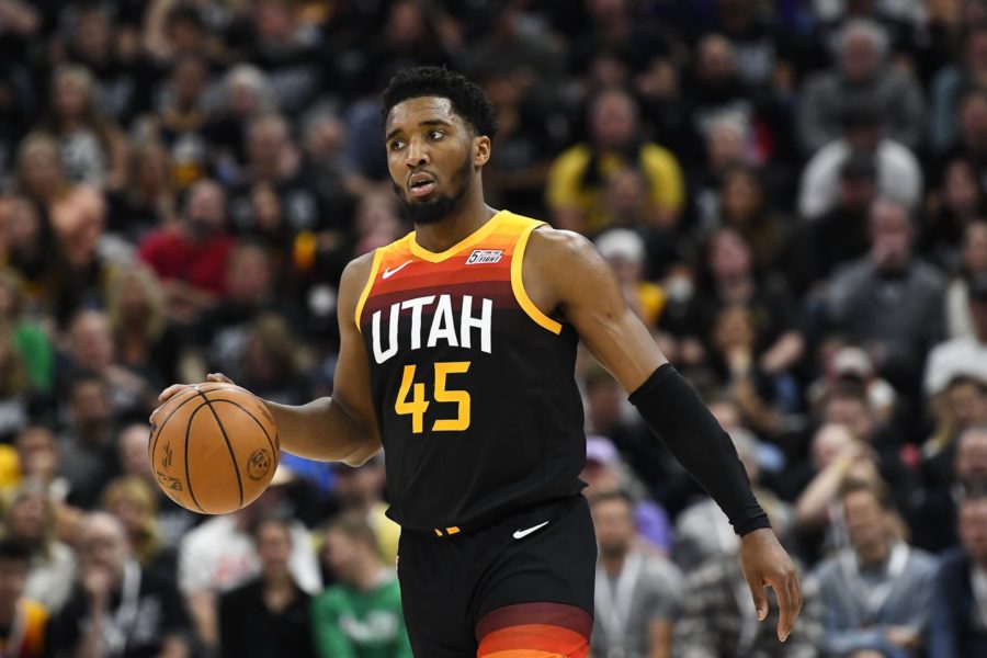 Ball in hand, the Cavs newest addition, shooting guard Donovan Mitchell, on the court with his old team, the Utah Jazz.