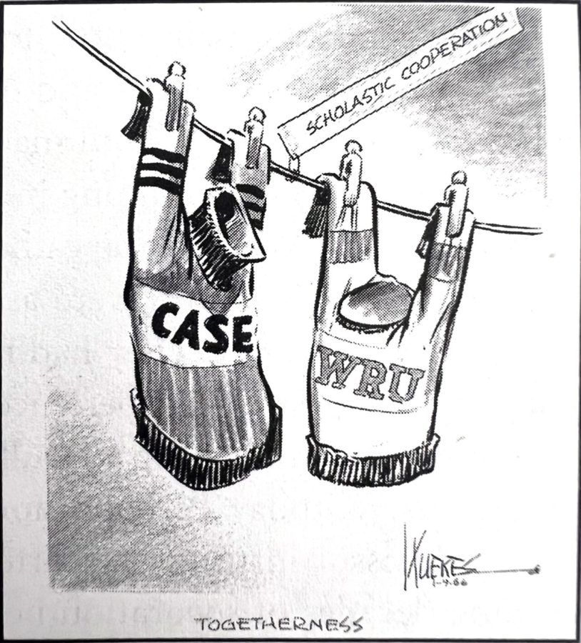 Editorial cartoon in The Plain Dealer on Jan. 6, 1966, anticipating the consolidation of the Case Institute of Technology and the Western Reserve University