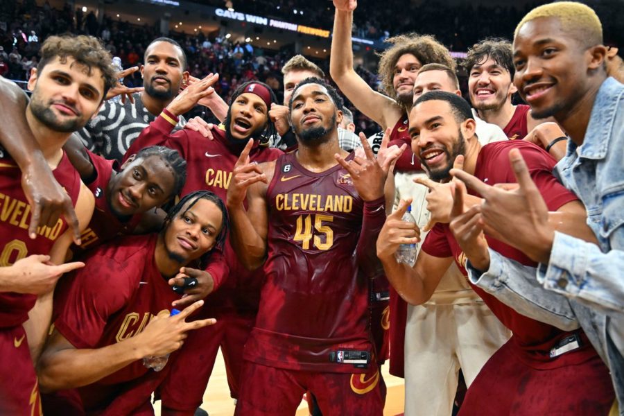 The+Cavs+celebrate+their+victory+against+the+Bulls+on+Jan.+2%2C+in+which+Donovan+Mitchell+%28center%29+scored+a+Cleveland+record-breaking+71+points.+