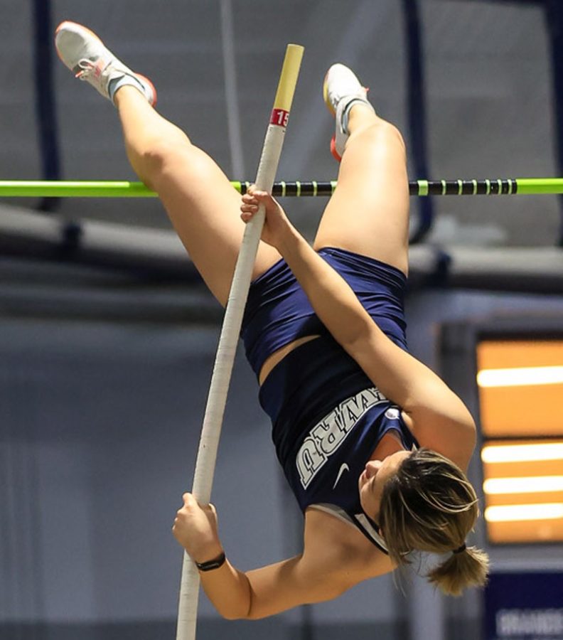 Fourth-year vaulter Victoria Zhao placed first in the pole vault with amazing skill, earning 10 points for the womens team.