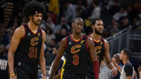 Center Jarrett Allen, guard Caris LeVert and forward Evan Mobley (left to right) have all had standout seasons and helped the Cavs cinch a playoffs spot.
