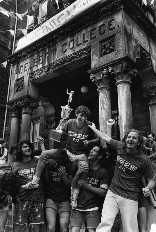 The CWRU Class of 1974 celebrates their victory at the 1972 Hudson Relays.