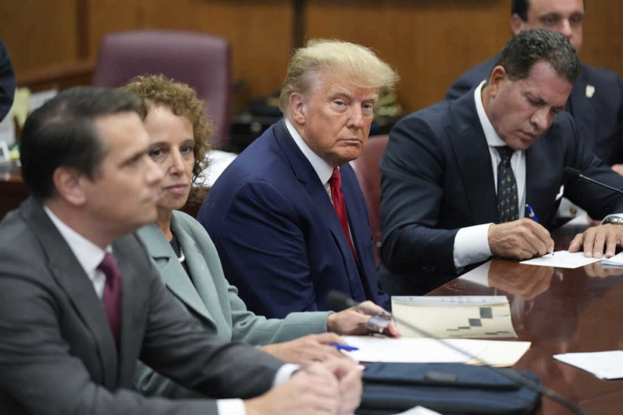 Former President Donald Trump sits for his arraignment in Manhattan for 34 alleged felonies, an unprecedented indictment of a former commander-in-chief.