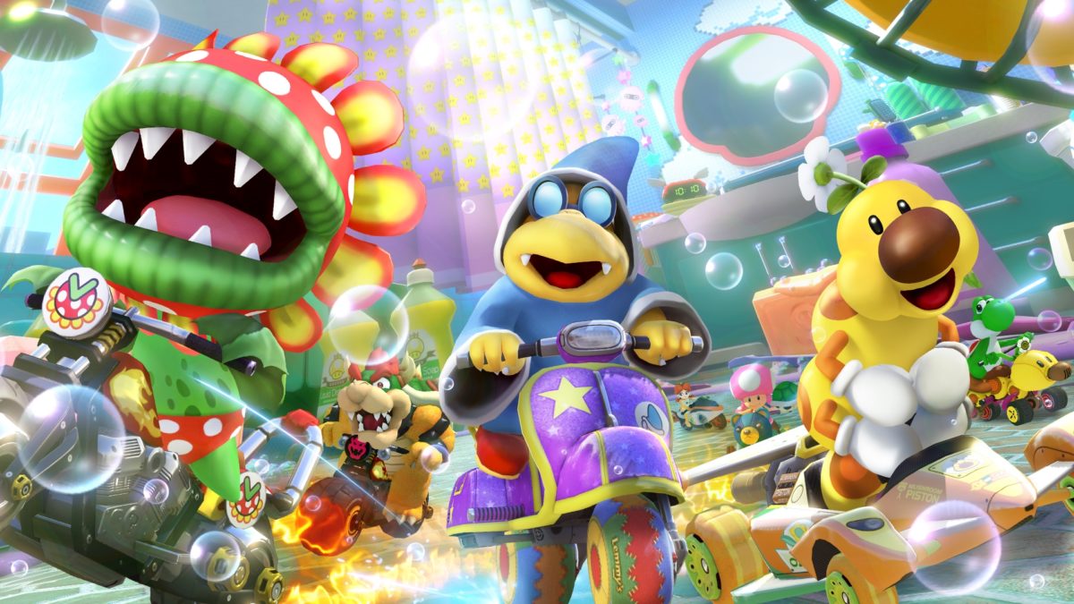 Along with Squeaky Clean Sprint, a bathroom-themed track first created for this game, the fifth wave of the Booster Course Pass introduces three popular characters. From left to right: Petey Piranha, Kamek and Wiggler.