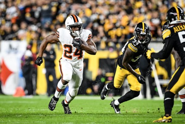 Browns star running back Nick Chubb (pictured) suffered a season-ending knee injury on Monday nights game, marking the start of an unfortunate game for Cleveland.