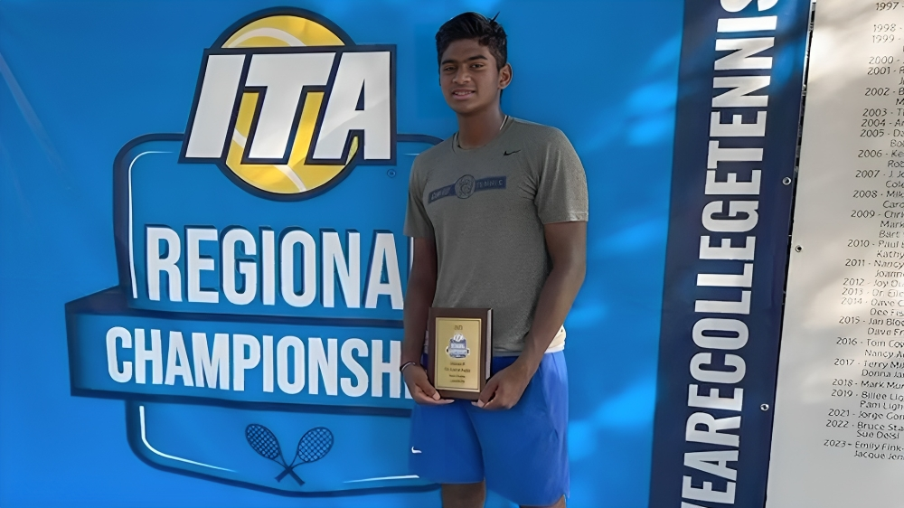 Third-year Ajay Mahenthiran takes home the ITA Central Regional Singles Championship during the tournament in Kalamazoo, Michigan.