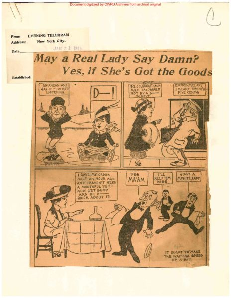 A cartoon produced by the Evening Telegram of New York pokes fun at President Charles Thwing’s comments permitting girls to use the word “damn.”