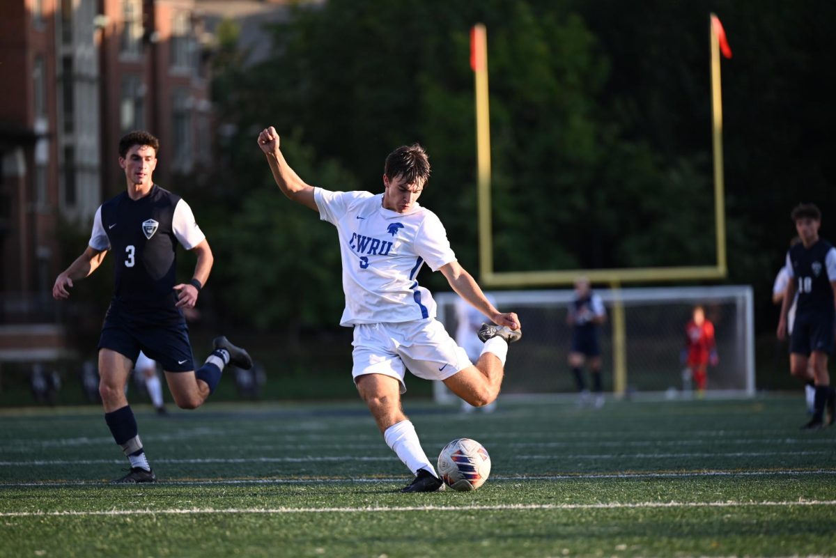 Second-year midfielder Adam Pluszczyk makes the first goal of the winning game against Marietta College, his fist goal of the season and third overall.