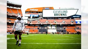 Cleveland Browns running back Nick Chubb stands in the Browns' stadium. The Browns plan to move from this stadium to a new location in Brook Park. 