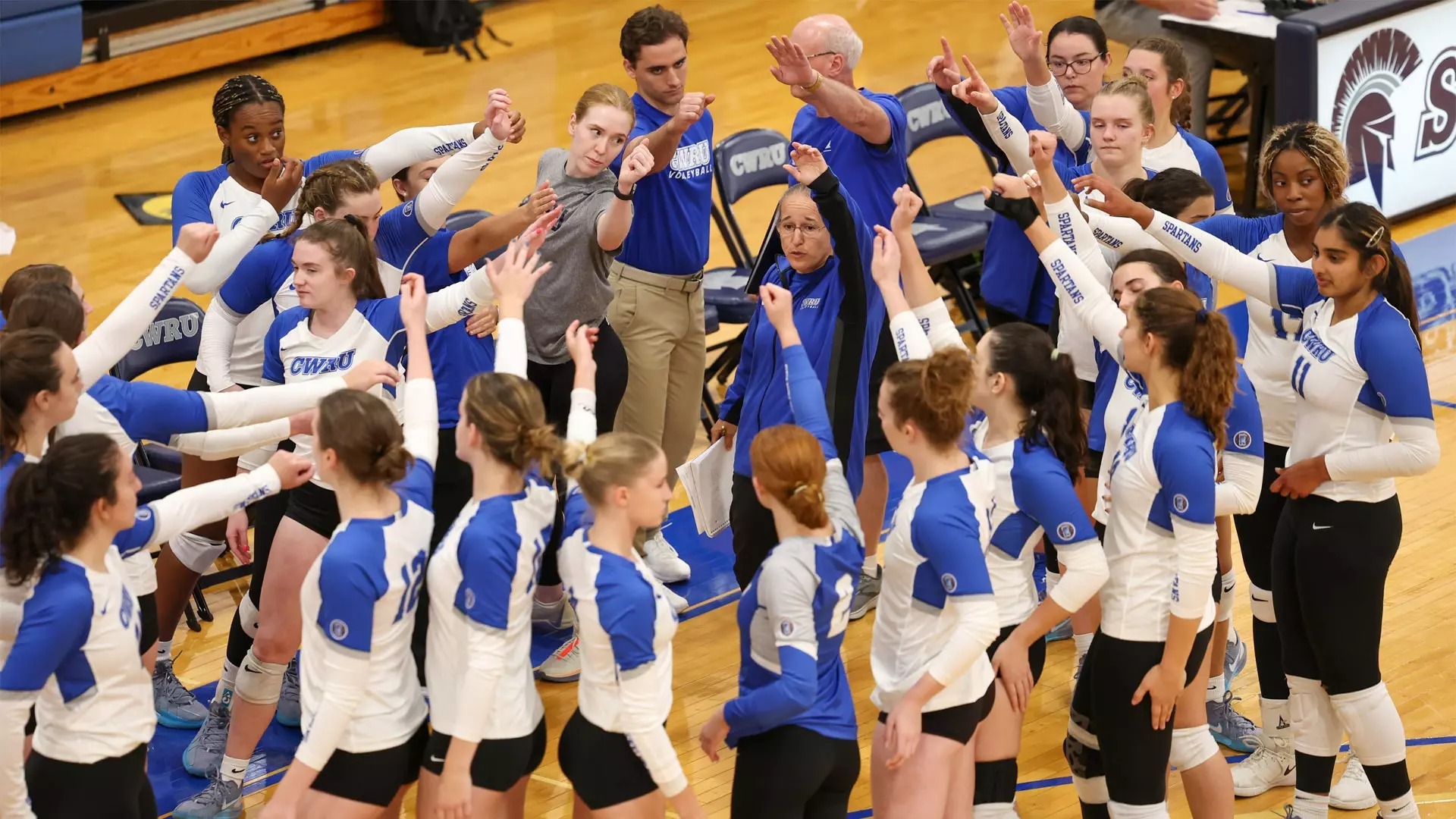 CWRU volleyball head coach Karen Farrell prepares the team to play at their first UAA match against University of Rochester this past weekend, with a final score of 3-1.